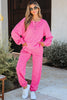 Bright Pink Raw Edge Half Buttons Pullover and Jogger Pants Set