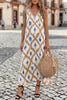 Khaki Boho Abstract Print V Neck Sleeveless Long Dress