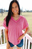 Rose Red Twisted Ribbed Knit V Neck Casual Tee