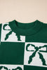 Blackish Green Checkered Bow Print Casual Sweater