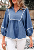 Dusk Blue Lace Ric Rac 3/4 Puff Sleeve Collared Babydoll Blouse