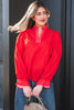Black Striped Trim Ruffle Split Neck Long Sleeve Blouse