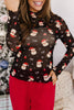Black Santa Print Sheer Stand Neck Long Sleeve Top