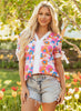 White Floral Colorblock Striped Edge V Neck Knotted Short Sleeve Blouse