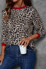 Brown Leopard Print Contrast Trim Round Neck Long Sleeve Top
