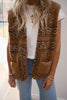 Brown Sherpa Paisley Print Pocketed Western Fashion Vest Jacket