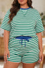 Green Stripe Boxy Tee Drawstring Elastic Waist Plus Size Short Set