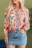 Orange Floral Print Shirred Cuff Buttoned Loose Shirt