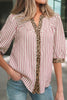 Pink Stripe Leopard Trim V Neck Button Down Half Sleeve Shirt