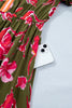 Green Floral Print Striped Trim Split Neck Short Puff Sleeve Ruffle Hem Maxi Dress