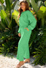 Bright Green Drop Shoulder Puff Sleeve Crop Pullover Drawstring Wide Leg Pants Set