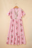 Pink Notched Neck Flutter Short Sleeve Floral Print Maxi Dress