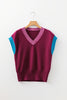 Burgundy Contrast Trim V Neck Cuffed Short Sleeve Loose Sweater