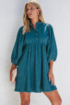 Vineyard Green Corduroy Snap Buttons Empire Waist Bracelet Sleeve Dress