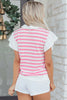 Pink Stripe Collar V Neck Ruffled Short Sleeve Blouse
