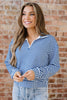 Green Stripe Quarter Zip Collar Pullover Long Sleeve Top