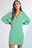 Green Striped Contrast Collar Split Neck Long Sleeve Mini Dress