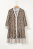 Khaki Plus Size Leopard Print Striped Trim V Neck Drop Waist Long Sleeve Mini Dress