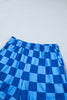Dark Blue Plaid Checkered Long Sleeve Crop Top Elastic Waist Shorts Two Piece Set