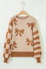 Straw Yellow Ribbon Bow Print Checkered Striped Sleeve Drop Shoulder Sweater