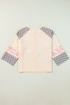 Beige Plaid Floral Peace Heart Graphic Wide Long Sleeve Top