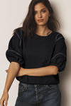 Black Contrast Stitches Detail Puffy Half Sleeve Blouse