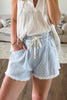 Black Stripe Raw Edge Drawstring Elastic Waist Casual Denim Shorts