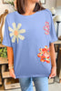 Sky Blue Flower Patched Exposed Stitching Trim Crew Neck Loose Tee
