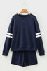 Navy Blue Varsity Striped Sleeve Drop Shoulder Sweatshirt and Short Set