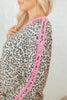 Khaki Leopard Print Contrast V Neck Varsity Stripe Detail Long Sleeve Top