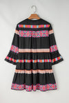 Black Ethnic Print Buttoned V Neck Bell Sleeve Ruffle Patchwork Dress