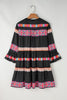 Black Ethnic Print Buttoned V Neck Bell Sleeve Ruffle Patchwork Dress