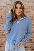 Green Stripe Quarter Zip Collar Pullover Long Sleeve Top