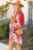 Rose Mixed Floral Long Sleeve V Neck Lace-up Hollowed Back Plus Size Dress