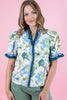 Beige Floral Print Contrasted Frilled Striped Trim Short Sleeve Blouse
