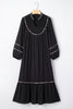 Black Contrast Leopard Trim Split Neck Long Sleeve Casual Midi Dress