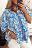 Sky Blue V Neck Floral Print 3/4 Puff Sleeve Blouse