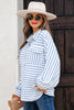 Sky Blue Stripe Half Button Collared Chest Pockets Loose Fit Blouse