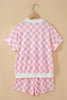 Pink Checkered Print Color Block Trim Mock Neck Short Set