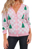 Red Checkered Christmas Tree Pattern Button V Neck Cardigan Sweater