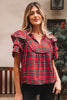 Red Festive Plaid Pearl Embellished Ruffle Short Sleeve Blouse
