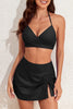 Black Crossover Tie Back Halter Bikini with Swim Bottoms