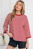 Racing Red Striped Print Drop Shoulder Lace Trim Bracelet Sleeve Loose Top