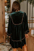 Blackish Green Leopard Trim Velvet Long Sleeve Shift Dress