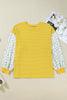 Yellow Stripe Striped Contrast Floral Sleeve Patchwork Plus Size Loose Top