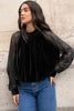 Color Black Solid Color Sheer Lace Long Sleeve Patchwork Stand Neck Velvet Blouse