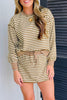 Brown Stripe Textured Drop Shoulder Pullover Top Drawstring Mini Skirt Two Piece Dress Set