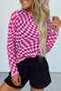 Rose Checkered Pattern Mesh Mock Neck Long Sleeve Top