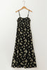 Black Floral Spaghetti Strap Shirred Bodice Tied Empire Waist Maxi Dress