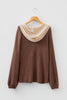 Coffee Waffle Contrast Half Buttoned Hooded Pullover Top